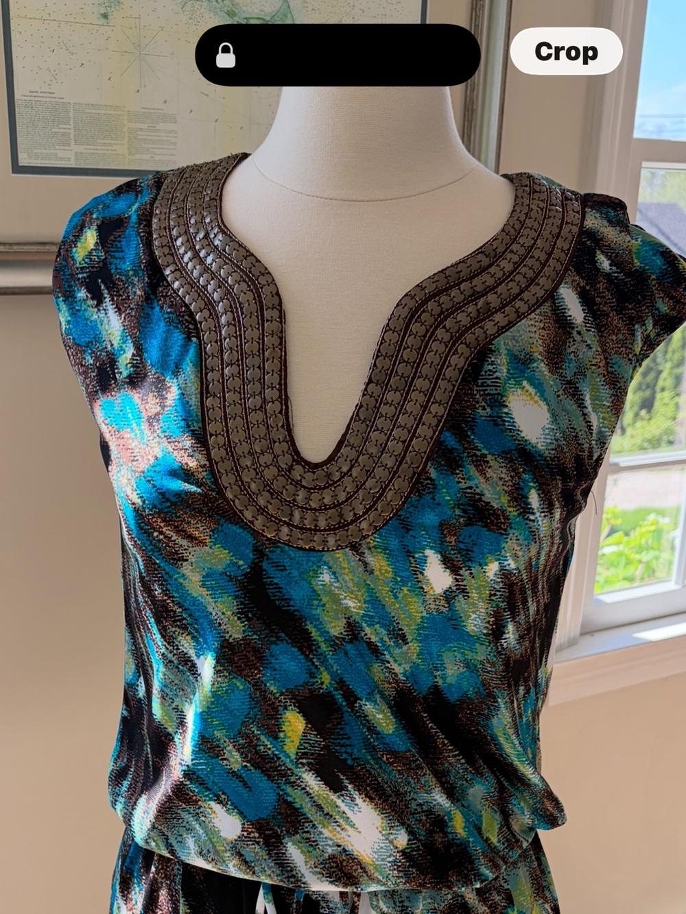 Beaded V-Neck Sleeveless Top in Teal & Black